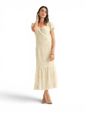 Just Me Ivory Floral Embroidered Midi Dress NWOT Size M